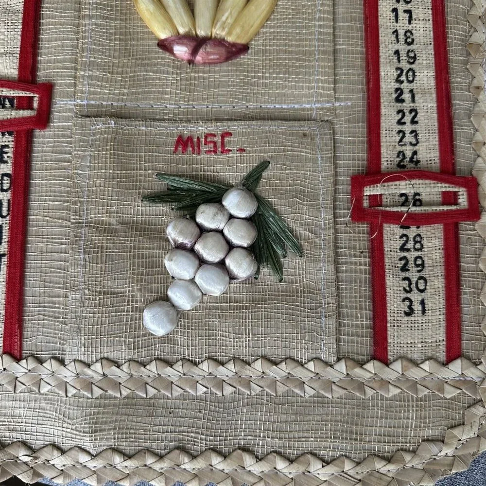 Vintage Wall Pocket Letter Organizer Holder Woven Straw Raffia Calendar